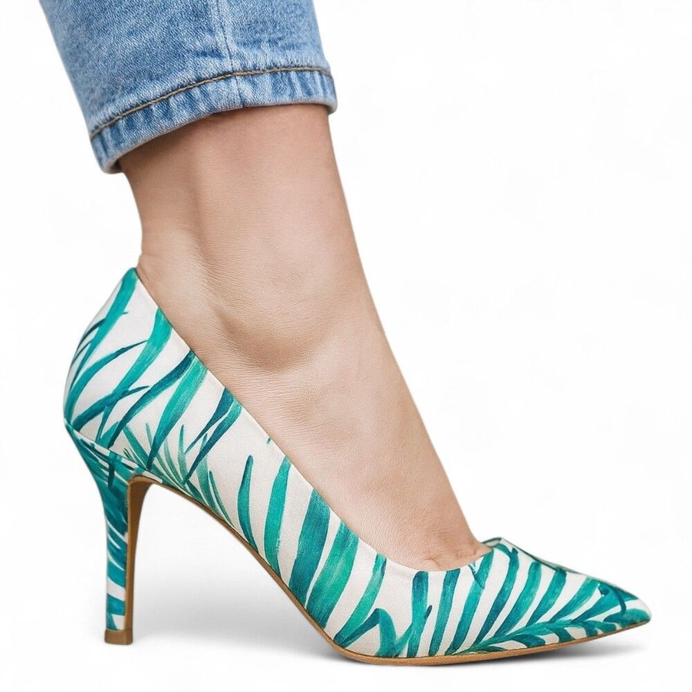 Nine West Tropical High Heel‎ Pumps 12 White Green Pointed Toe Leaf Resortwear